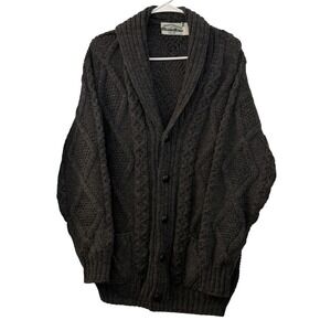 Aran Crafts 100% Merino Wool Cable Knit Cardigan Sweater Shawl Collar Ireland L